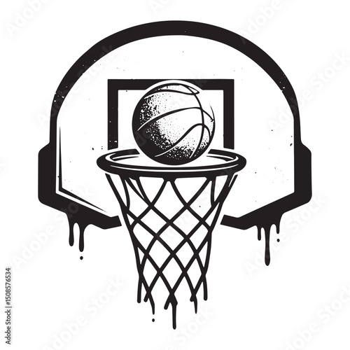 Black and White Stencil Art of Basketball Hoop with Dripping Pai