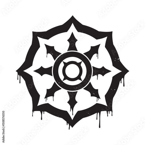 Siddhachakra icon black and white vector with stencil dripping p