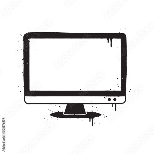 Modern monitor with stencil effect, dripping paint in monochrome