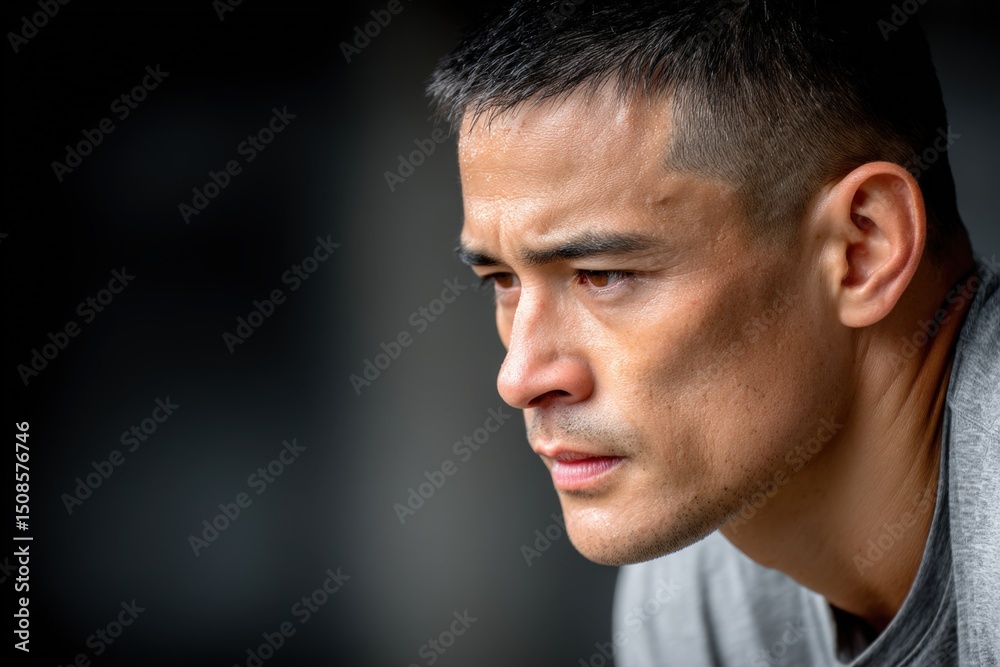 Obraz premium Army fitness test concept, Focused young man with short hair gazes intently, showing determination and concentration in a close-up portrait.