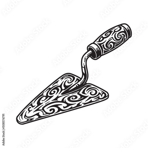 Unique Trowel Icon with Tribal Tattoo Style Black and White Vect