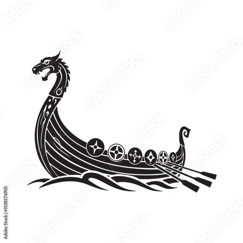 Viking Longship with Tribal Tattoo Art Black and White Vector De