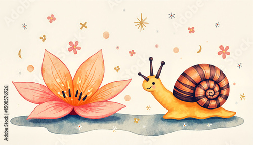 Colorful snail smiling beside a pink flower on a light background  