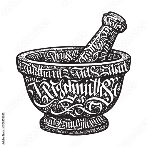 Monochrome mortar and pestle artwork featuring unique calligraph