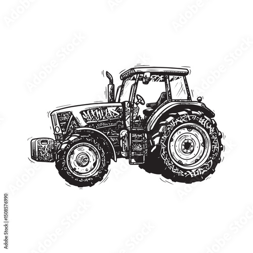 Stylized Agricultural Tractor with Graffiti in Black and White V
