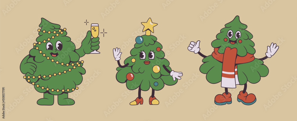Fototapeta premium Cute cartoon Christmas tree characters in festive outfits