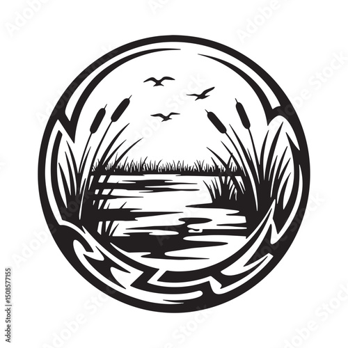 Elegant tribal tattoo style wetlands illustration for apparel pr