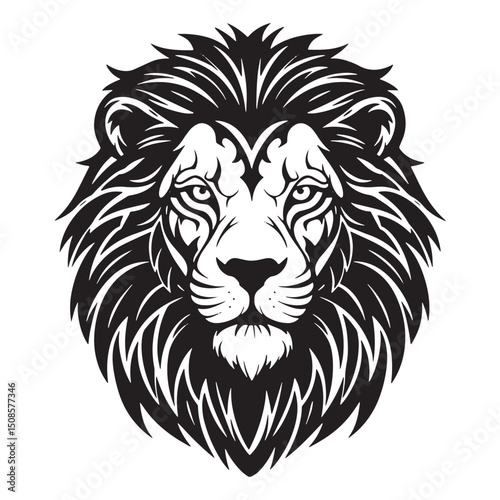 Striking Black and White Lion Head Vector with Tribal Tattoo Sty