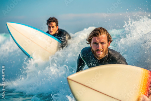 Fototapeta Naklejka Na Ścianę i Meble -  Two surfers in wetsuits paddle boards among the waves in the ocean, preparing to catch a wave