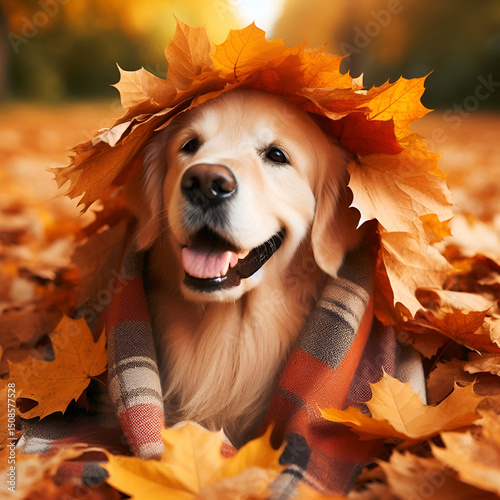 Golden Retriever Dog Playing with Autumn leaves