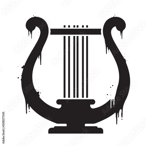 Elegant distressed lyre stencil icon dripping paint black and wh