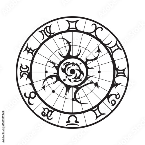 Intricate Black and White Vector of Natal Chart with Tribal Tatt