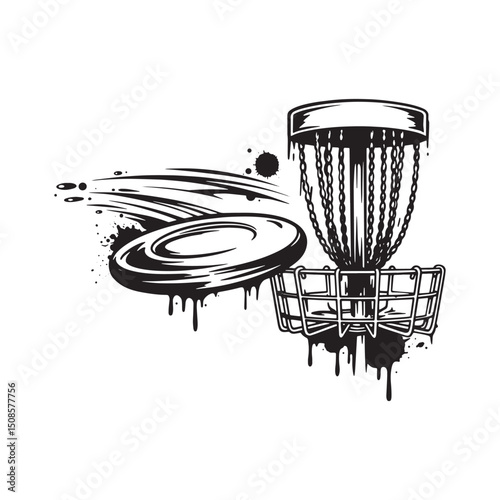 Monochrome Disc Golf vector Icon with a dripping paint effect st