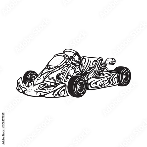 Black and white vector illustration of a go-kart with tribal tat