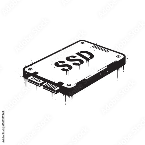 Monochrome Vector Illustration of a Solid State Drive with Dripp