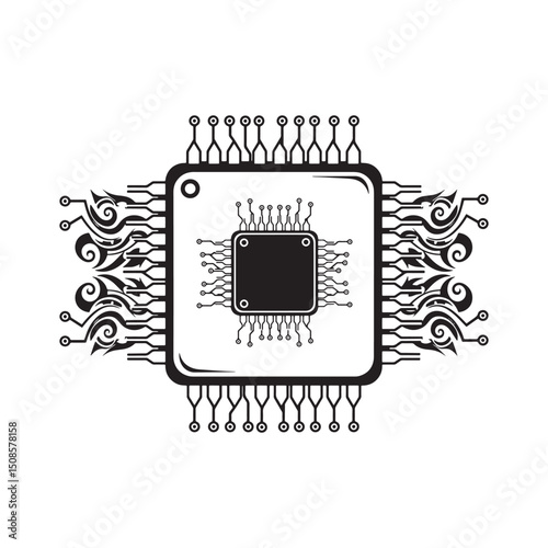 Microchip icon with tribal tattoo style vector illustration for