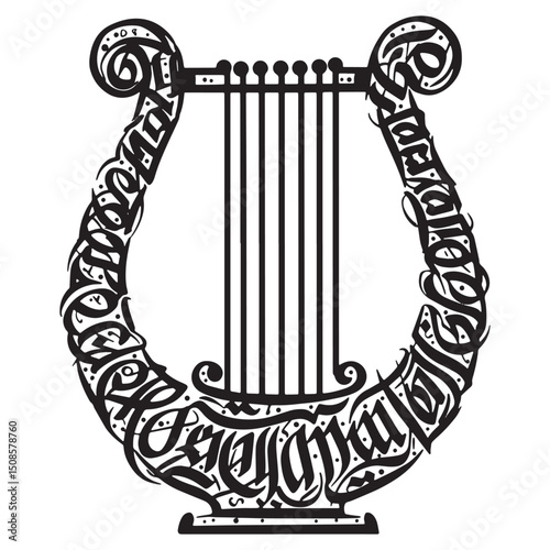 Monochrome vector illustration of a lyre with calligraphic embel