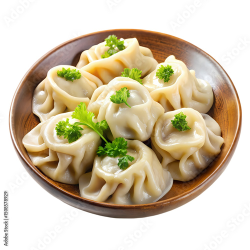 Delicious Momos in Wooden Bowl photo