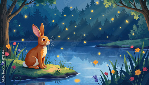 Cartoon rabbit sitting by the tranquil river under starry night sky  
