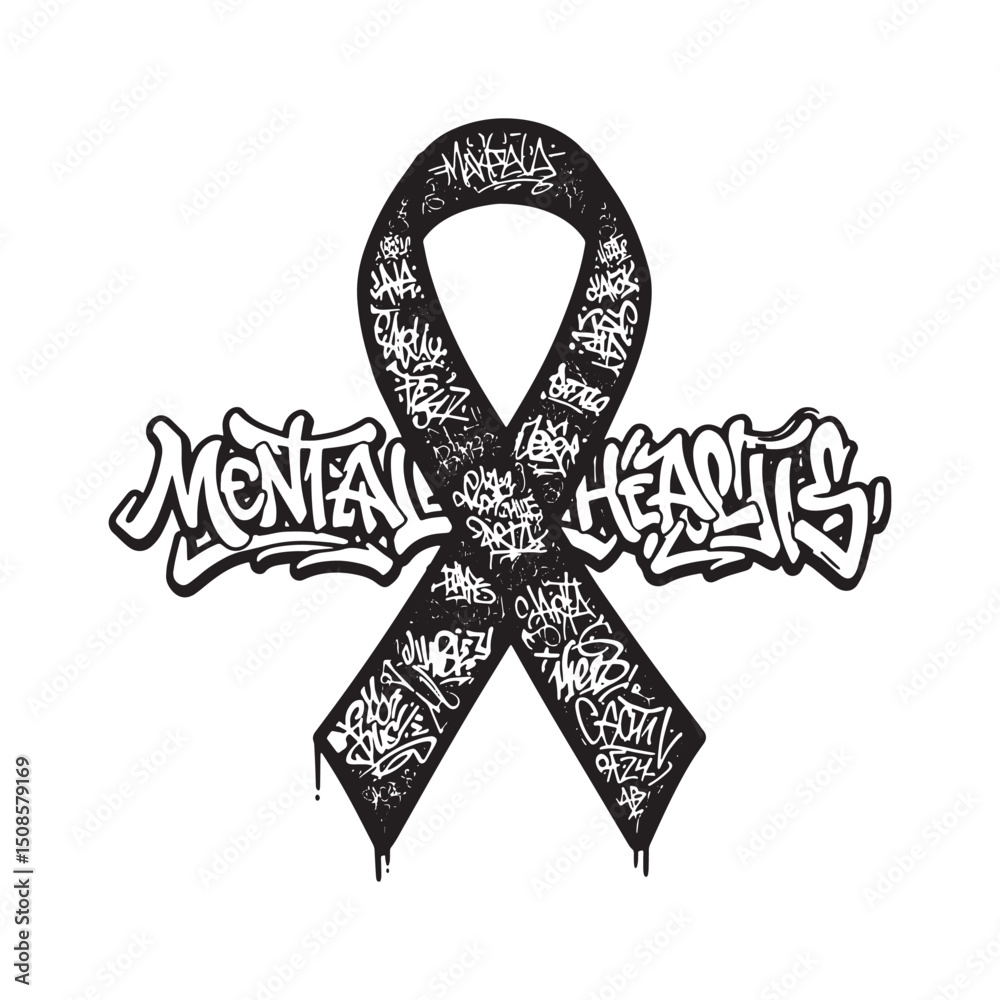 Monochrome Mental Health Awareness Ribbon with Graffiti Art Styl Monochrome Mental Health Awareness Ribbon with Graffiti Art Styl