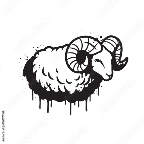 Stylized golden fleece ram with dripping paint effect for appare