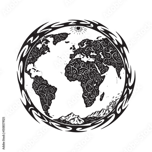 Global Warming Tattoo Art, A Black and White Vector Earth Illust