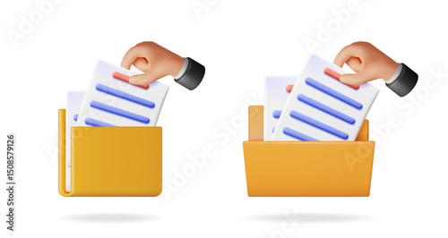 Hand inserting document into folder. Data organization concept. File storage with paper. Digital document management. Information technology.