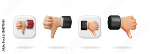 3d vector hands showing thumbs down gesture. Male hand icons express discontent and dislike. Social media feedback and ranking concept.