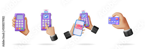 Hands holding payment terminal, credit card, and smartphone for financial transaction. Online shopping and point of sale concept.