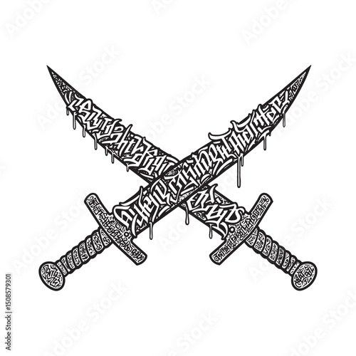 Stylized Crossed Swords Graphic with Dripping Graffiti, Black an