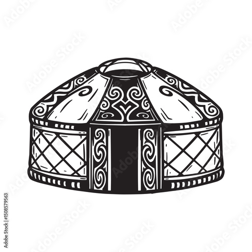 Detailed Yurt Illustration in Tribal Tattoo Style for Merchandis