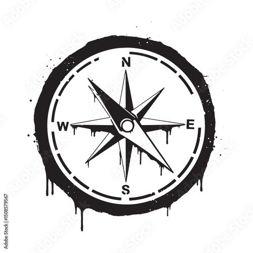 Monochrome compass icon with dripping paint effect for apparel p
