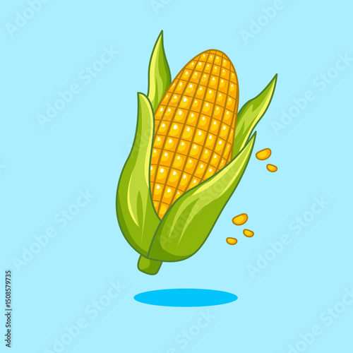 Freshly Harvested Corn on the Cob with Green leaves Vector Illustration Cartoon Design