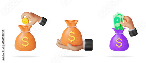 Hand putting coin in money bag, receiving money bag, and putting cash in money bag. Finance income concept.