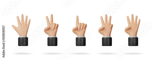 Hand gestures for counting from one to five. Set of cartoon human hands showing numbers. Numeric sign for communication.