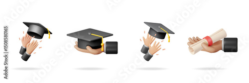 Collection of hands in a 3d vector style for graduation concept. Black academic cap on a hand, hands applauding, and hand holding a diploma.