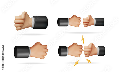 3d cartoon hands show various gestures including thumbs-up, fist bump and fighting fist. Collection of vector isolated hand gestures for business concept.