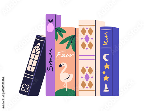 Book row with cover spines in line. Fiction and fairytale volumes, kids literature library, standing on shelf. Childrens education and reading. Flat vector illustration isolated on white background.