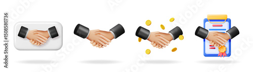 Set of 3d vector illustrations of handshake icons representing business partnership, agreement, and contract signing.