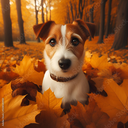 Dog Playing with Autumn leaves