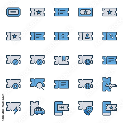 Filled blue outline icons set for Ticket