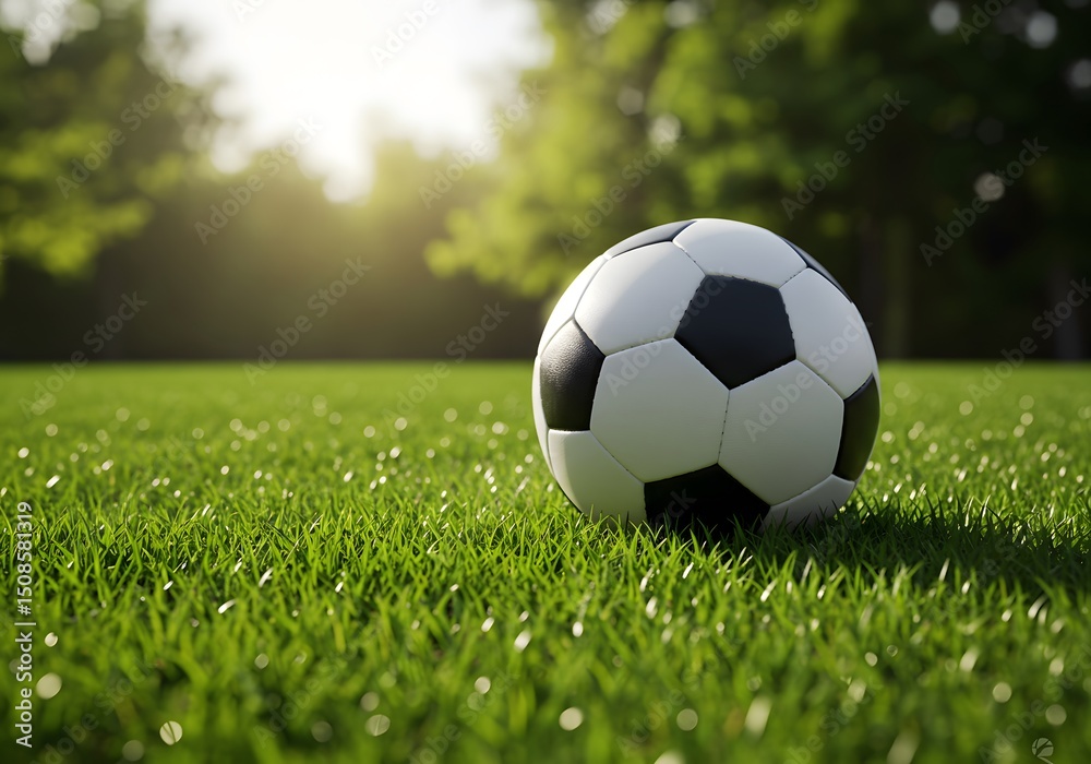 Fototapeta premium Soccer Ball on Lush Green Grass Field with Sunlight - Football, Sport, Outdoor, Game, Meadow.