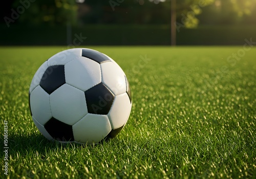 Soccer ball on green grass field, sports equipment, close-up detail, football, game, outdoors, daylight.