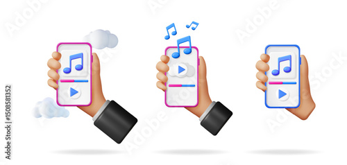 Hand holding mobile phone with music player interface. Concept of streaming audio, online radio, or cloud music service. Modern digital entertainment.