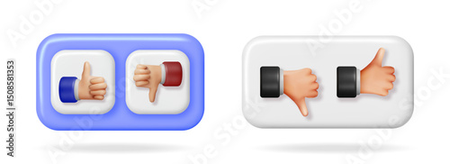 3D vector illustration of thumbs up and down icons for social media. Like and dislike buttons for online feedback on white background.