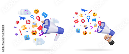 Two 3d render megaphones spreading social media icons and digital marketing symbols. Advertising, promotion, and news concept.