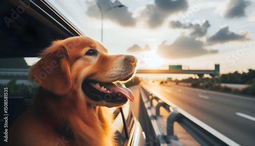 Golden retriever dog travel on road trip