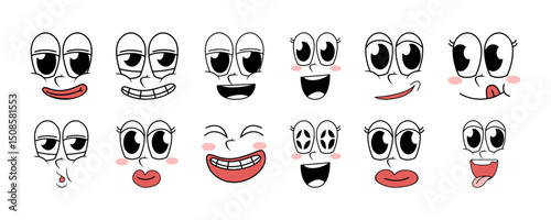 Set of 70s groovy comic faces vector. Collection of cartoon character faces, in different emotions, happy, angry, sad, cheerful. Cute retro groovy hippie illustration for decorative, sticker