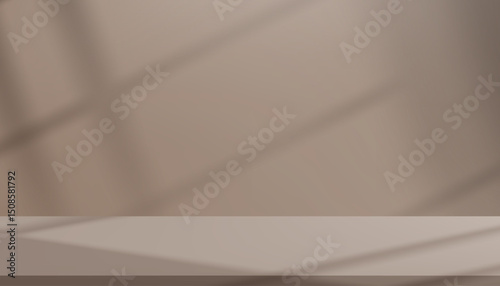 Brown studio background,Minimal abstract light effect on podium stand for Autumn product display.Interior room with soft shadow,sunlight from window light on pastel peach color wall and floor