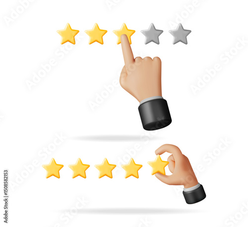Hand giving a three star rating and a hand putting a star to complete a five star rating. Customer review and satisfaction concept.